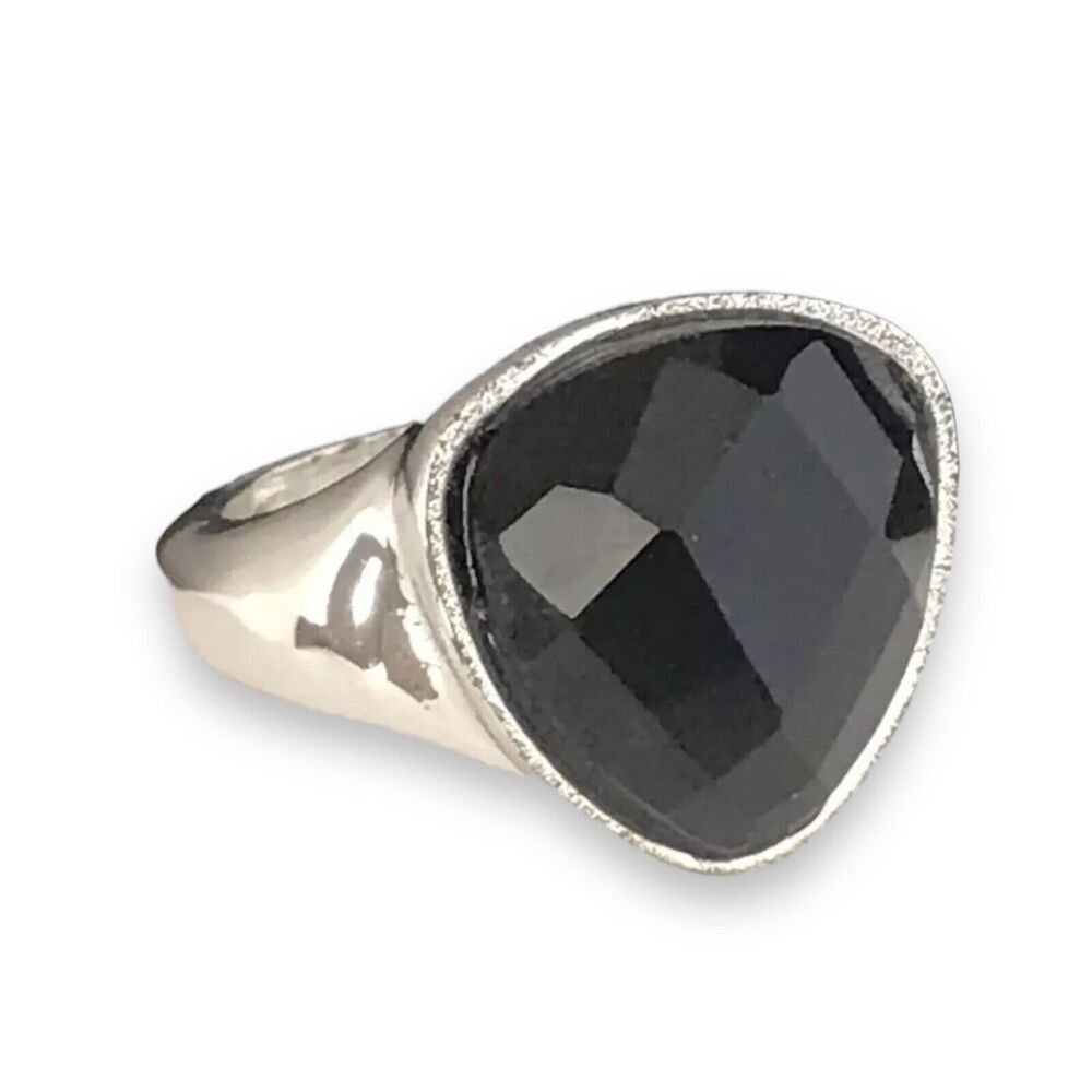 New Statement Ring Silver Tone Faceted Black Stone - 4N